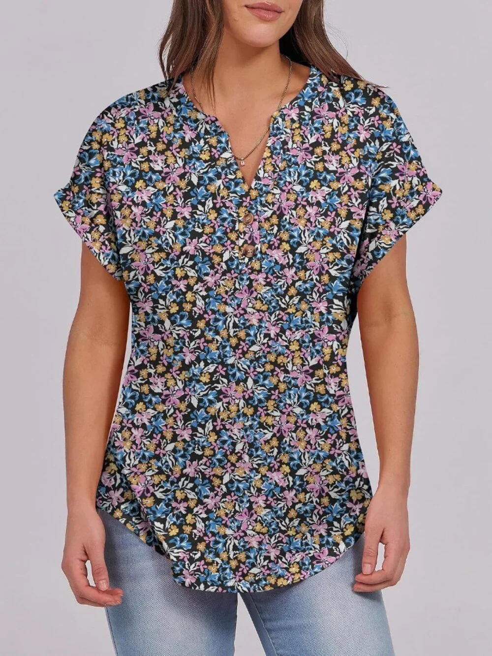 Women's Blue Purple Summer Short Sleeve Henley V Neck Dressy Fashion Top Blouses - Picture 2 of 6